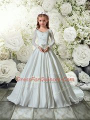 Beautiful Long Sleeves Brush Train Lace Clasp Handle Flower Girl Dress