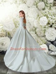 Beautiful Long Sleeves Brush Train Lace Clasp Handle Flower Girl Dress