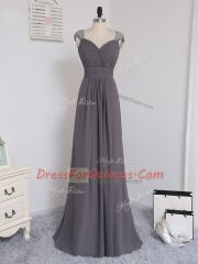 Amazing Grey Column/Sheath Chiffon Straps Cap Sleeves Lace and Ruching Zipper Dama Dress for Quinceanera Brush Train