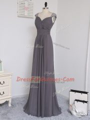 Amazing Grey Column/Sheath Chiffon Straps Cap Sleeves Lace and Ruching Zipper Dama Dress for Quinceanera Brush Train