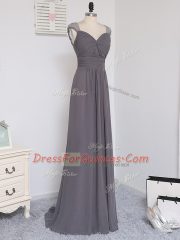 Amazing Grey Column/Sheath Chiffon Straps Cap Sleeves Lace and Ruching Zipper Dama Dress for Quinceanera Brush Train