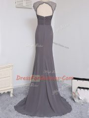 Amazing Grey Column/Sheath Chiffon Straps Cap Sleeves Lace and Ruching Zipper Dama Dress for Quinceanera Brush Train