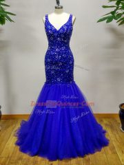 Sleeveless Tulle Brush Train Criss Cross Prom Party Dress in Royal Blue with Beading