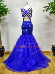 Sleeveless Tulle Brush Train Criss Cross Prom Party Dress in Royal Blue with Beading