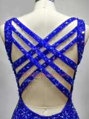 Sleeveless Tulle Brush Train Criss Cross Prom Party Dress in Royal Blue with Beading