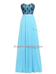 Floor Length Zipper Aqua Blue for Prom and Party and Military Ball and Beach with Lace and Appliques