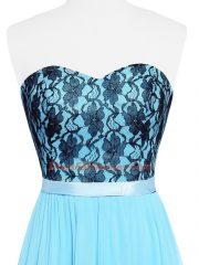Floor Length Zipper Aqua Blue for Prom and Party and Military Ball and Beach with Lace and Appliques