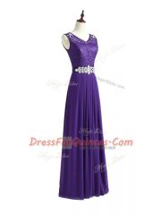 Unique Lavender Empire Chiffon V-neck Sleeveless Beading and Lace Floor Length Zipper Dama Dress for Quinceanera