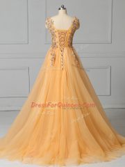 Gold Lace Up Scoop Appliques and Pattern Prom Gown Tulle Sleeveless Brush Train