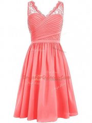 High Quality Knee Length Watermelon Red Quinceanera Court of Honor Dress V-neck Sleeveless Side Zipper