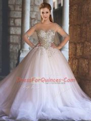 White Quince Ball Gowns Wedding Party with Beading Scoop Half Sleeves Lace Up