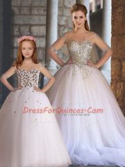White Quince Ball Gowns Wedding Party with Beading Scoop Half Sleeves Lace Up