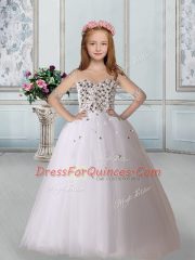 White Quince Ball Gowns Wedding Party with Beading Scoop Half Sleeves Lace Up