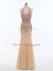 Champagne Sleeveless Floor Length Beading Backless Prom Evening Gown
