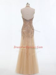 Champagne Sleeveless Floor Length Beading Backless Prom Evening Gown