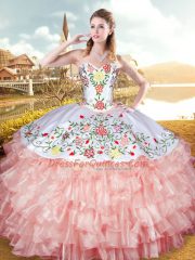 Delicate Floor Length Lace Up Sweet 16 Dresses Peach for Military Ball and Sweet 16 and Quinceanera with Embroidery and Ruffled Layers