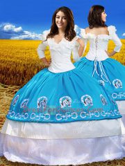 Great Blue And White Ball Gowns Off The Shoulder 3 4 Length Sleeve Taffeta Floor Length Lace Up Embroidery Quinceanera Gowns