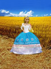 Great Blue And White Ball Gowns Off The Shoulder 3 4 Length Sleeve Taffeta Floor Length Lace Up Embroidery Quinceanera Gowns