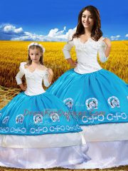 Great Blue And White Ball Gowns Off The Shoulder 3 4 Length Sleeve Taffeta Floor Length Lace Up Embroidery Quinceanera Gowns