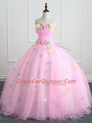 Top Selling Pink Strapless Lace Up Appliques and Hand Made Flower Ball Gown Prom Dress Sleeveless