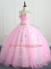 Top Selling Pink Strapless Lace Up Appliques and Hand Made Flower Ball Gown Prom Dress Sleeveless