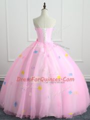Top Selling Pink Strapless Lace Up Appliques and Hand Made Flower Ball Gown Prom Dress Sleeveless