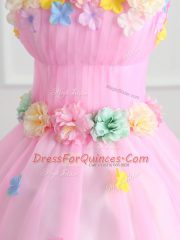 Top Selling Pink Strapless Lace Up Appliques and Hand Made Flower Ball Gown Prom Dress Sleeveless
