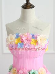 Top Selling Pink Strapless Lace Up Appliques and Hand Made Flower Ball Gown Prom Dress Sleeveless