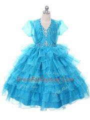 Lovely Halter Top Sleeveless Little Girl Pageant Gowns Floor Length Beading and Ruffled Layers and Bowknot Baby Blue Organza