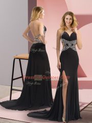 Deluxe Black Column/Sheath Halter Top Sleeveless Chiffon Sweep Train Backless Beading Evening Dress