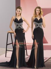 Deluxe Black Column/Sheath Halter Top Sleeveless Chiffon Sweep Train Backless Beading Evening Dress