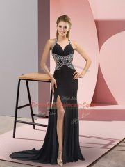 Deluxe Black Column/Sheath Halter Top Sleeveless Chiffon Sweep Train Backless Beading Evening Dress