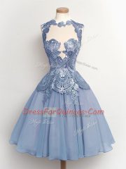 Light Blue Chiffon Lace Up Dama Dress Sleeveless Knee Length Lace