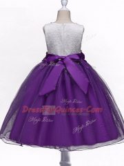 Modern Tulle Scoop Sleeveless Zipper Lace and Hand Made Flower Girls Pageant Dresses in Hot Pink
