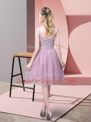 Ruching and Belt Damas Dress Lavender Side Zipper Sleeveless Knee Length