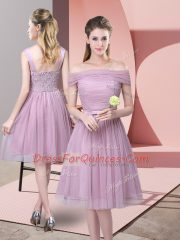 Ruching and Belt Damas Dress Lavender Side Zipper Sleeveless Knee Length