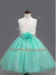 Fabulous Apple Green Scoop Zipper Appliques and Hand Made Flower Flower Girl Dresses Sleeveless