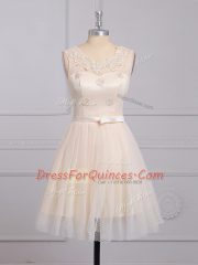 Hot Sale Appliques and Belt Quinceanera Court of Honor Dress Champagne Lace Up Sleeveless Mini Length