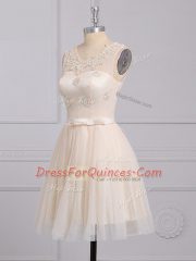 Hot Sale Appliques and Belt Quinceanera Court of Honor Dress Champagne Lace Up Sleeveless Mini Length