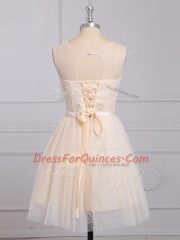 Hot Sale Appliques and Belt Quinceanera Court of Honor Dress Champagne Lace Up Sleeveless Mini Length