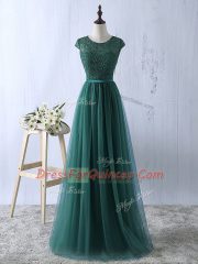 Dark Green Zipper Scoop Lace Prom Party Dress Tulle Short Sleeves