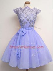 Lavender Scalloped Lace Up Lace and Belt Quinceanera Dama Dress Cap Sleeves