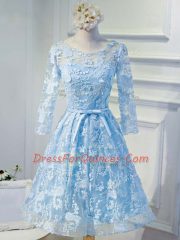 Modern A-line Dress for Prom Baby Blue Scoop Organza Long Sleeves Knee Length Lace Up
