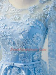 Modern A-line Dress for Prom Baby Blue Scoop Organza Long Sleeves Knee Length Lace Up
