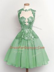 High-neck Sleeveless Quinceanera Dama Dress Knee Length Lace Apple Green Chiffon