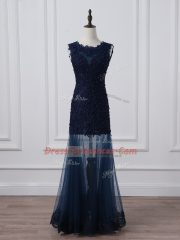 Captivating Navy Blue Tulle Lace Up Scoop Sleeveless Floor Length Evening Dress Lace and Appliques