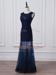 Captivating Navy Blue Tulle Lace Up Scoop Sleeveless Floor Length Evening Dress Lace and Appliques