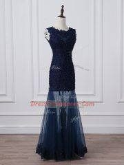 Captivating Navy Blue Tulle Lace Up Scoop Sleeveless Floor Length Evening Dress Lace and Appliques