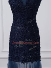 Captivating Navy Blue Tulle Lace Up Scoop Sleeveless Floor Length Evening Dress Lace and Appliques