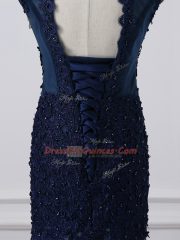 Captivating Navy Blue Tulle Lace Up Scoop Sleeveless Floor Length Evening Dress Lace and Appliques
